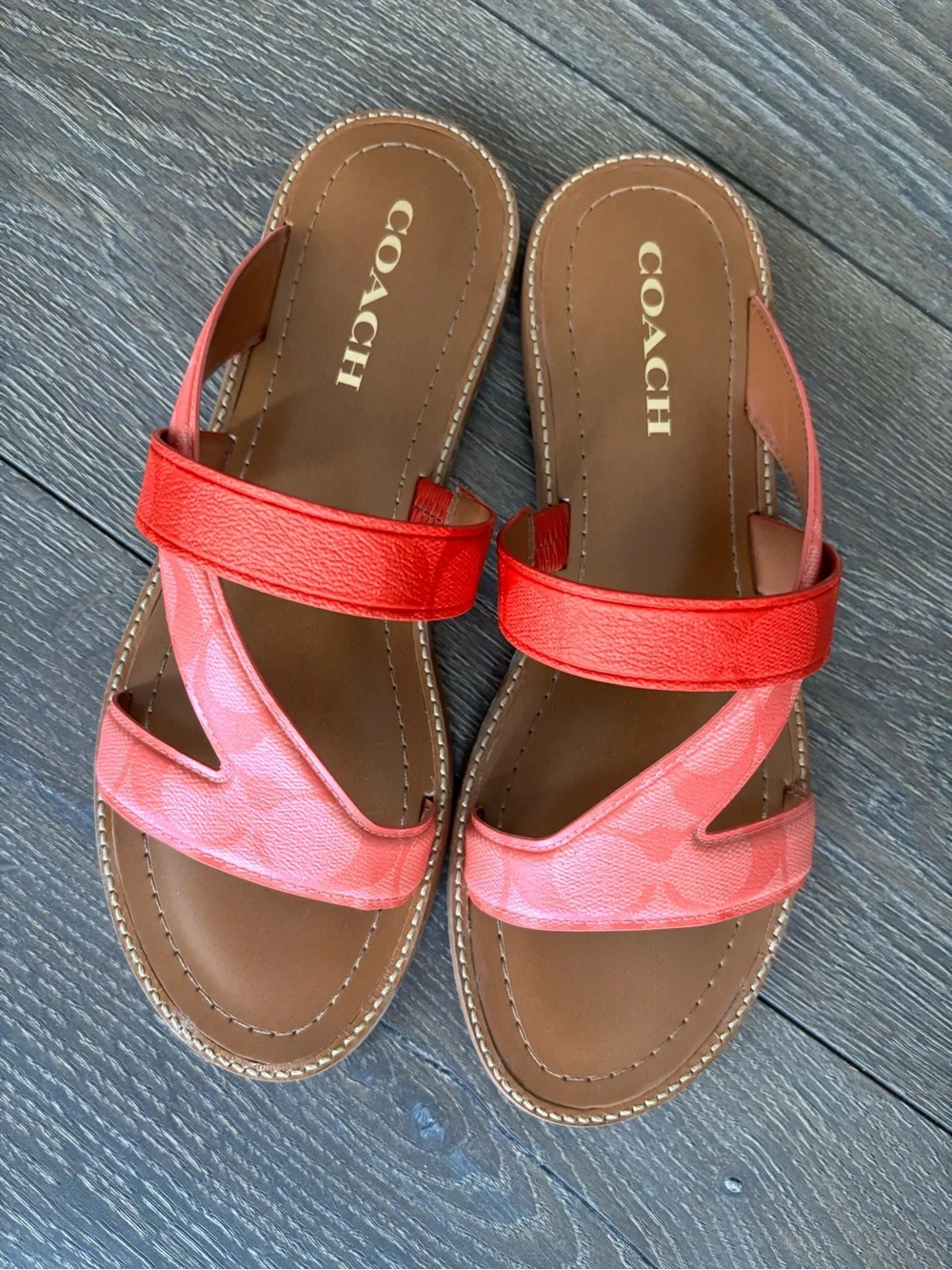 COACH Women's Red Coral Leather Slide Sandals NIB